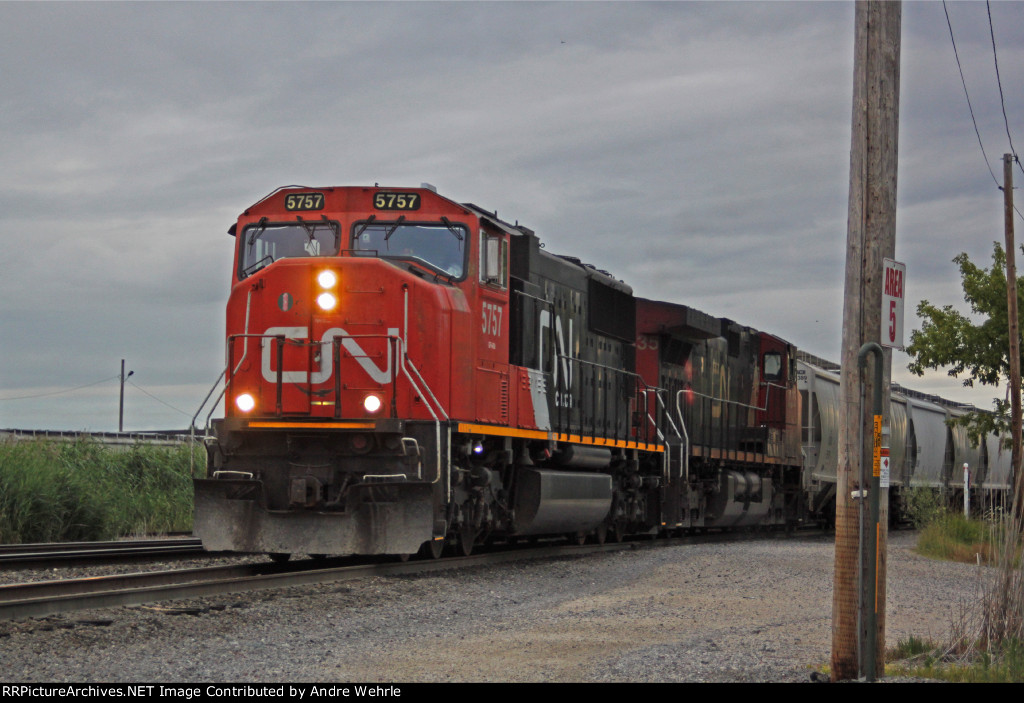 CN 5757 blasts off from Shops Yard with a southbound